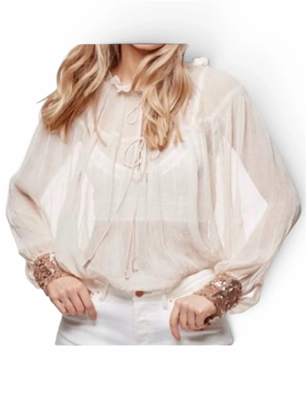 FREE PEOPLE SHIRT BLOUSE SEQUIN CUFF CREAM LONG SLEEVE WHIMSICAL FAIRY FLUTTER